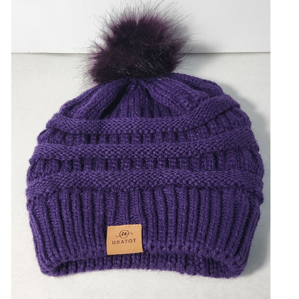 URATOT Purple Knit Beanie Hat Winter Warm Knit Cuffed Pom Pom Cap‎